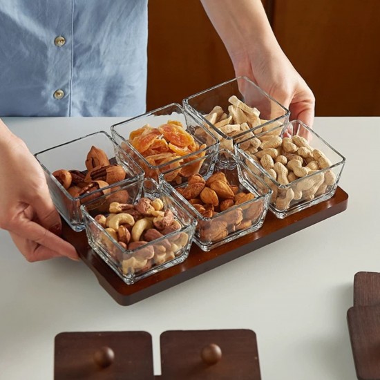 Wooden & Glass Serving Platter with Wooden Stand - 6 Pieces
